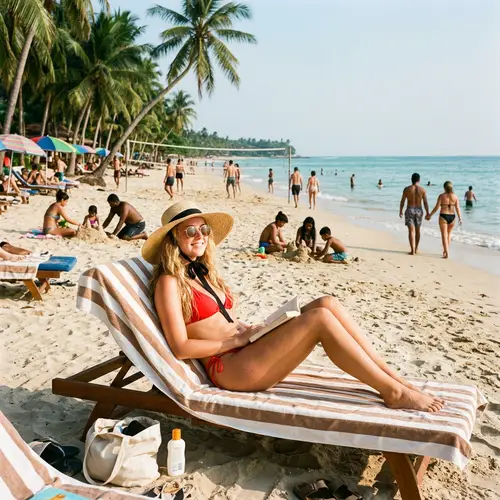 Blonde Girl in Red Bikini on Tropical Beach