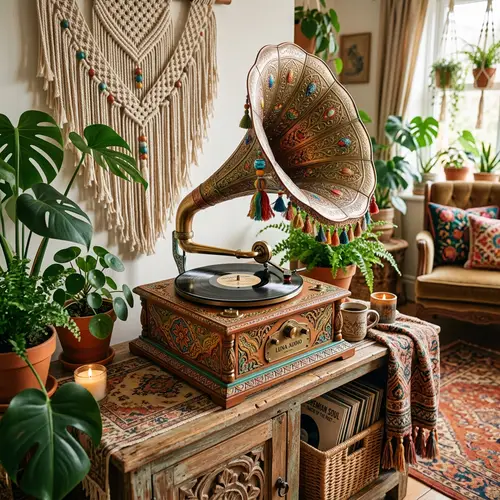 Vintage-Contemporary Gramophone with Bohemian Artistry