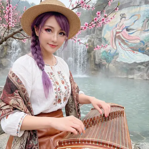 Unique Asian Beauty with Guzheng, Waterfall, and Goddess