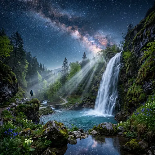 Stunning 8K Landscape Image: Waterfall Under Starry Sky in Spring