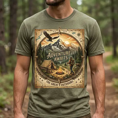 Adventure-Themed T-Shirt Design with Vintage Map and Wildlife Elements