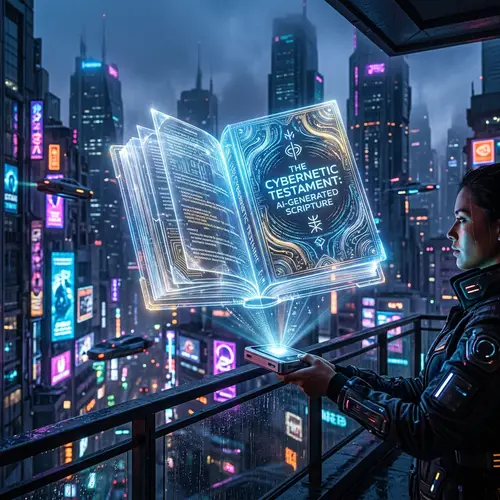Futuristic Bible: AI-Written Holographic Tome in Cyberpunk City