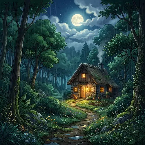 Enchanting Stone Cottage in Lush Forest | Tranquil Night Scene