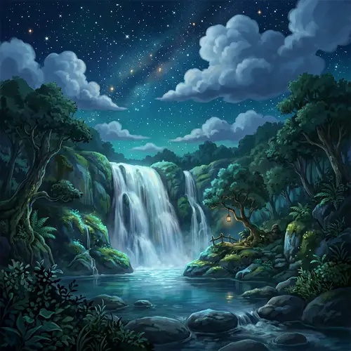 Waterfall at Night with Beautiful Puffy Clouds