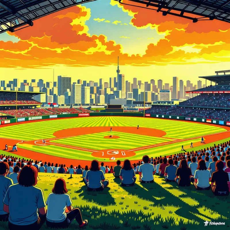 Anime-Style Baseball Stadium Illustration with Tokyo Skyline View