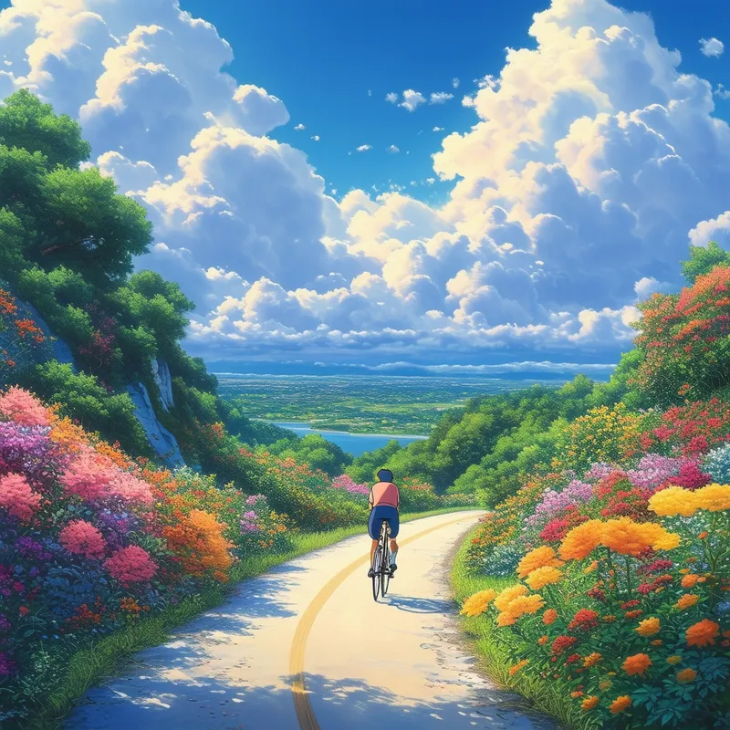 Cyclist Riding on Scenic Road Amidst Lush Greenery and Flowers Cyclist Riding on Scenic Road Amidst Lush Greenery and Flowers