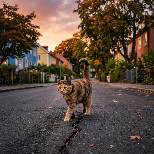 Majestic Cat Roaming Colorful Streets at Sunset