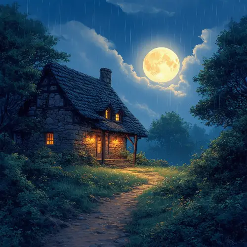 Enchanting Stone Cottage in Lush Forest | Tranquil Night Scene