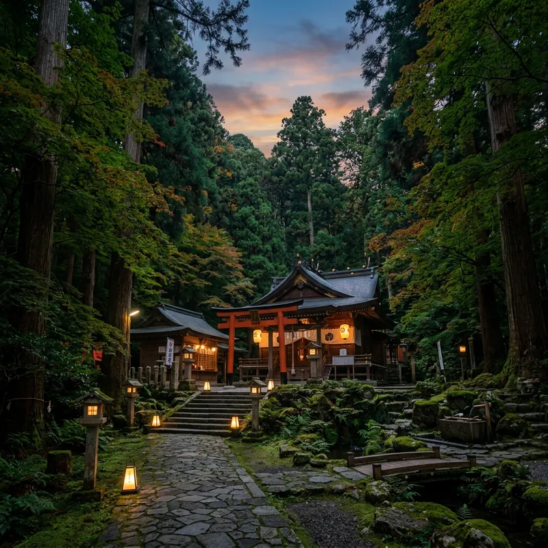 Serene Japanese Shrine in Lush Forest - Tranquil & Spiritual