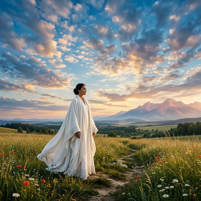 Ethereal White Robed Figure in Field, Sky Background