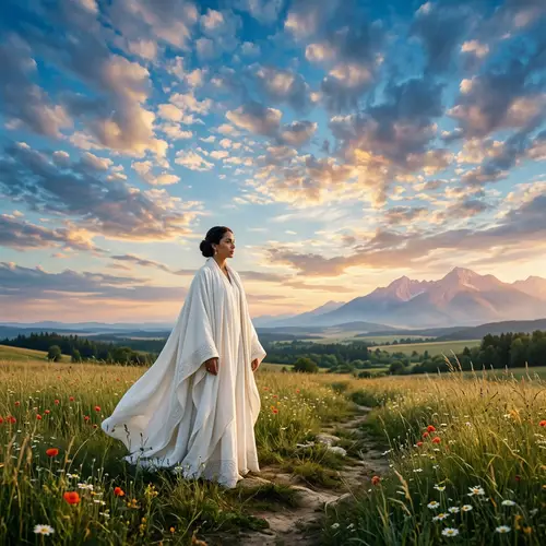 Ethereal White Robed Figure in Open Field