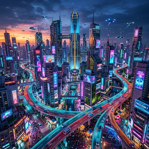 Futuristic Cityscape at Dusk: Vibrant Cyberpunk Urban Scene