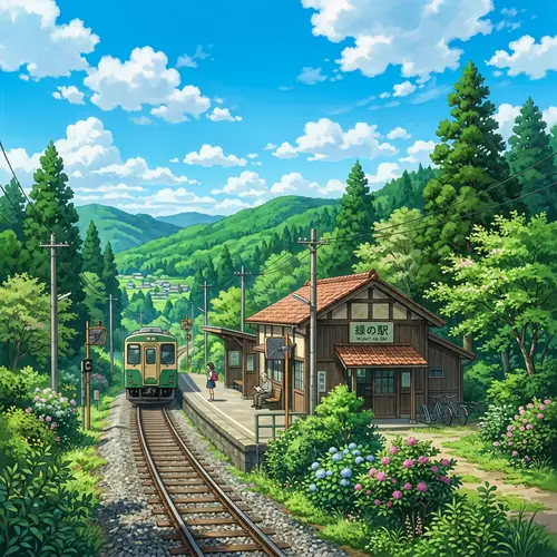 Serene Railway Station Amidst Lush Greenery | Detailed Art