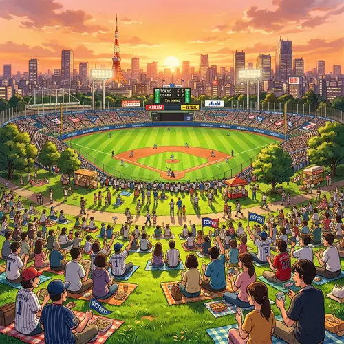 Anime-Style Baseball Stadium Illustration with Tokyo Skyline View