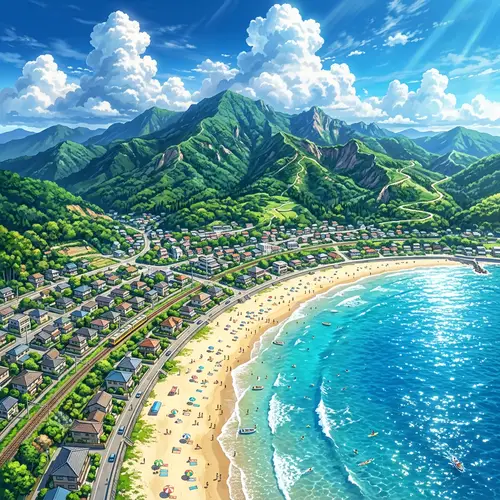 Anime Landscape Wallpaper: Summer Day Beach View with Detailed Mountains