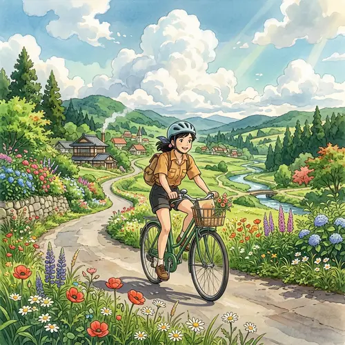 Cyclist Riding on Scenic Road Amidst Lush Greenery and Flowers