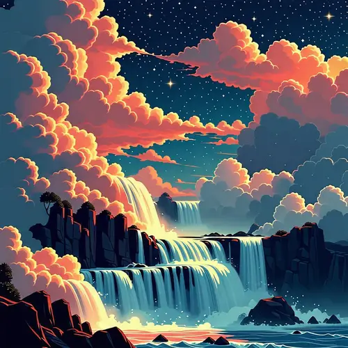 Waterfall at Night with Beautiful Puffy Clouds