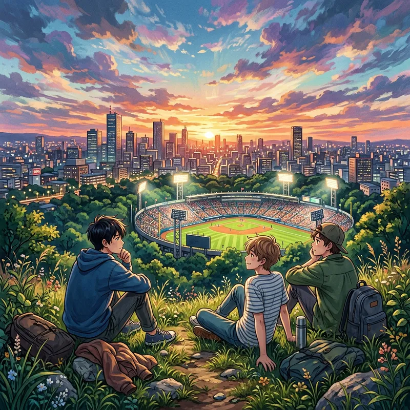 Anime Style Painting of Boys Overlooking Baseball Stadium at Sunset Anime Style Painting of Boys Overlooking Baseball Stadium at Sunset