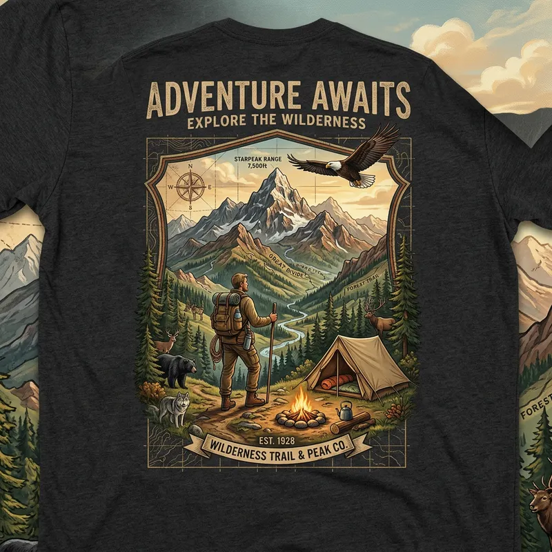 Detailed Adventure-Themed T-Shirt Design with Vintage Map and Wildlife