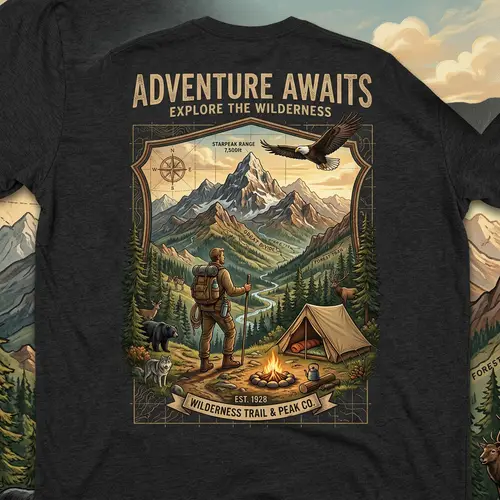Adventure-Themed T-Shirt Design with Vintage Map and Wildlife