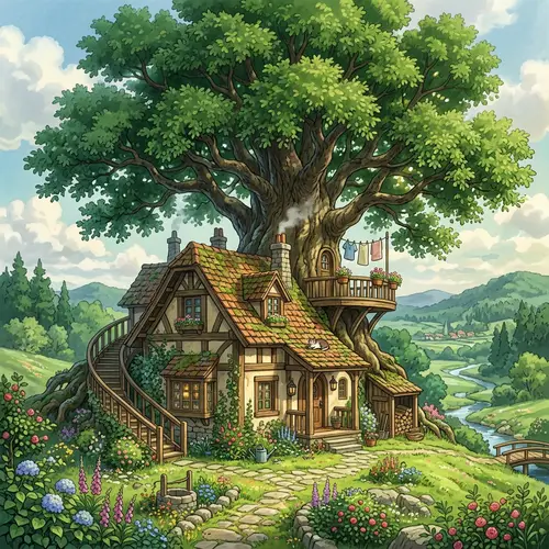 Studio Ghibli Style House under Oak Tree - 8K Wallpaper
