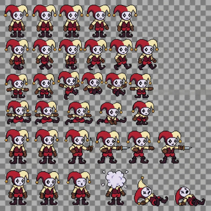 Pixel Art Dark Jester Character Sprite Sheet