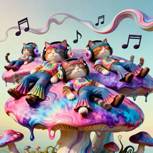 Dreamy Cartoon Cats on Tie-Dye Mushrooms