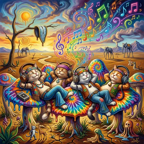 Dreamy Cartoon Cats on Tie-Dye Mushrooms