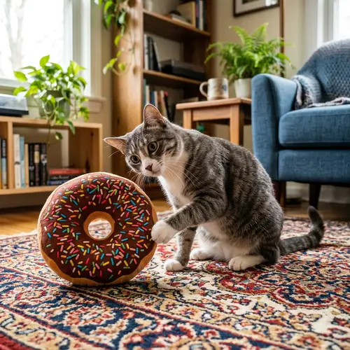 Playful Cat Investigating Colorful Donut on Patterned Rug