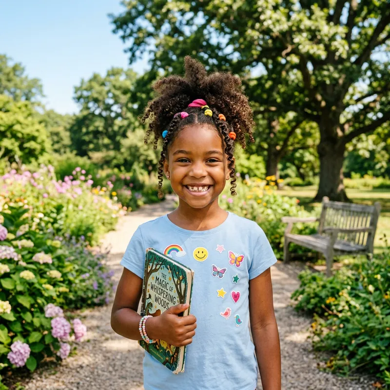 Innocent 9-Year-Old Black Girl Portrait | Playful Ponytail & Storybook