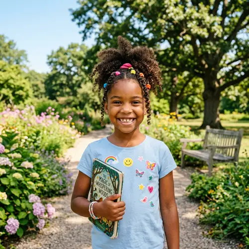 Joyful 9-Year-Old Black Girl Portrait | Playful Ponytail & Storybook