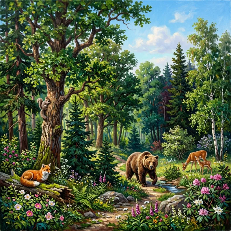 Lush Forest Scene with Diverse Wildlife and Flora