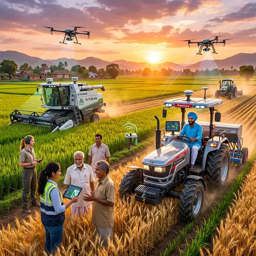 Agricultural Mechanization in India: Futuristic AI Farming Scene