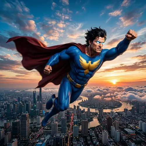 Caucasian Male Superhero in Vibrant Blue Costume Soaring High in the Sky