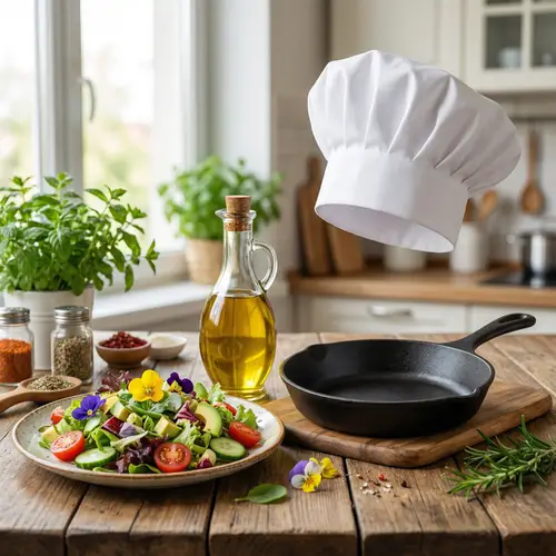 Professional Culinary Display | Fresh Salad, Olive Oil, Cook's Hat