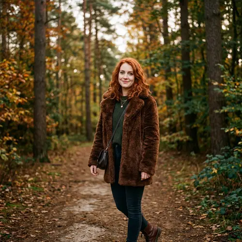 Red-Haired Woman in Fur Coat - Forest Background
