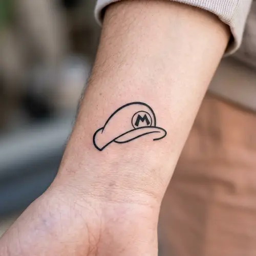 Small Black and White Mario Hat Tattoo Design