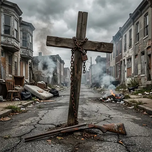Eerie Scene of Wooden Cross and Shotgun in Desolate Neighborhood