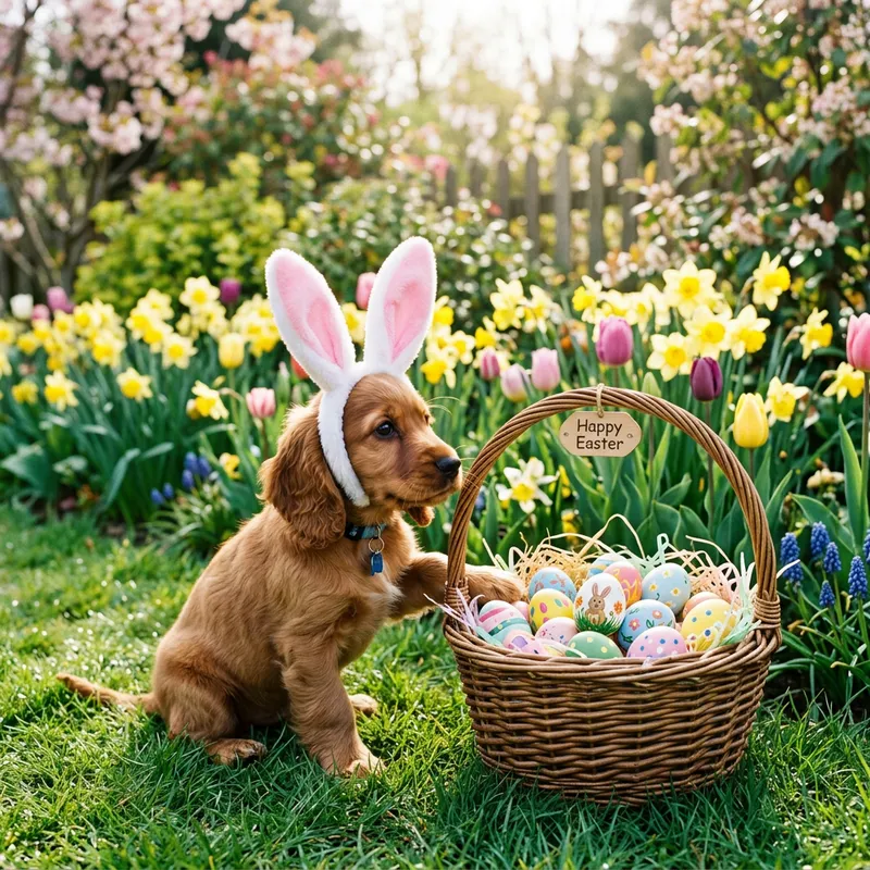 Enchanting Easter Puppy with Rabbit Ears and Basket Fantasy