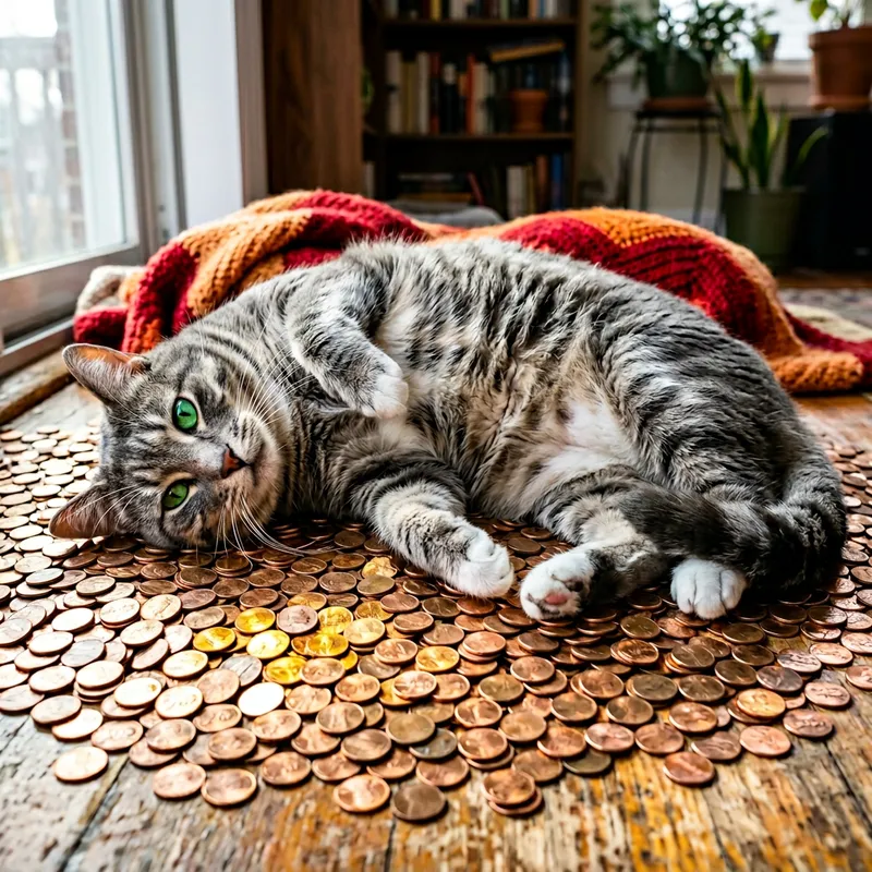 Big Cat with a Penny Pile | Captivating Coin Reflections