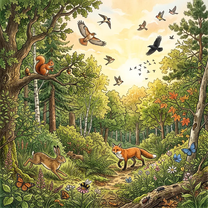 Enchanting Forest Scene with Animals, Birds, and Flora Enchanting Forest Scene with Animals, Birds, and Flora