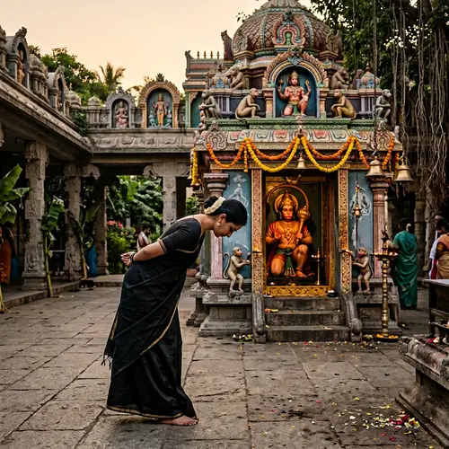 Elegant Woman Bowing at Hanuman Temple