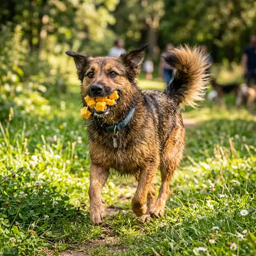 Playful Dog Carrying Cheese - Joyful and Fun Moment