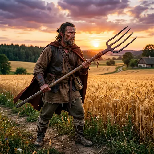 Fantasy Warrior Protecting Land in Golden Wheat Field