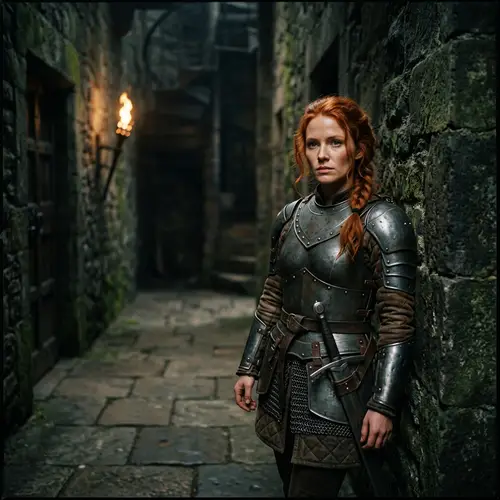 Red-Haired Woman in Armour | Mysterious Hallway Scene