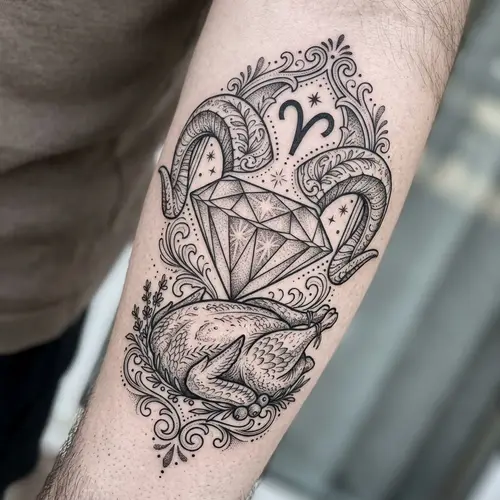 Intricate Diamond Aries Roaster Tattoo Design for Power & Warmth