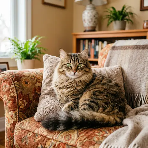 Fluffy Domestic Cat with Green Eyes on Cushioned Chair