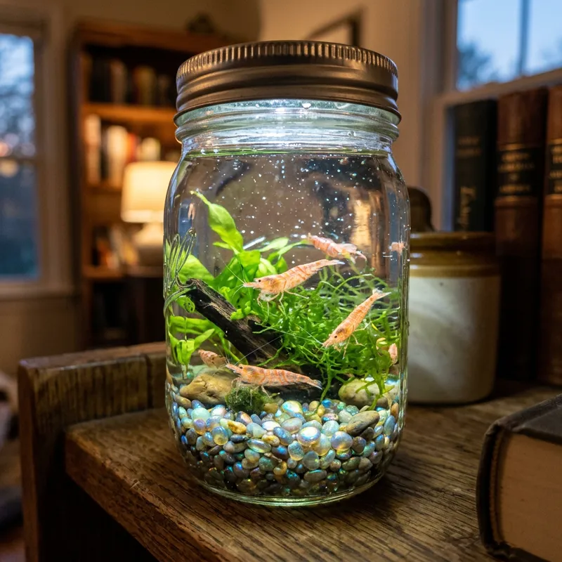 Vibrant Orange-Pink Shrimps in Saltwater Jar