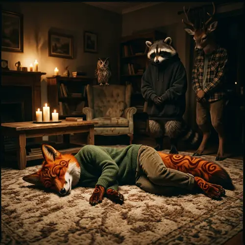 Tranquil Fox Character on Plush Carpet | Dramatic Candlelight Scene