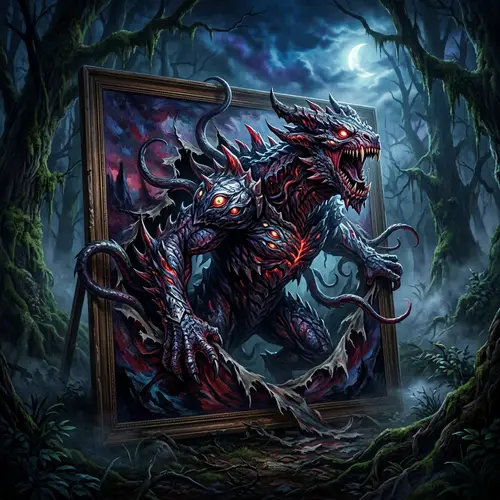 Fantastical Monster Painting in Dark Forest Setting